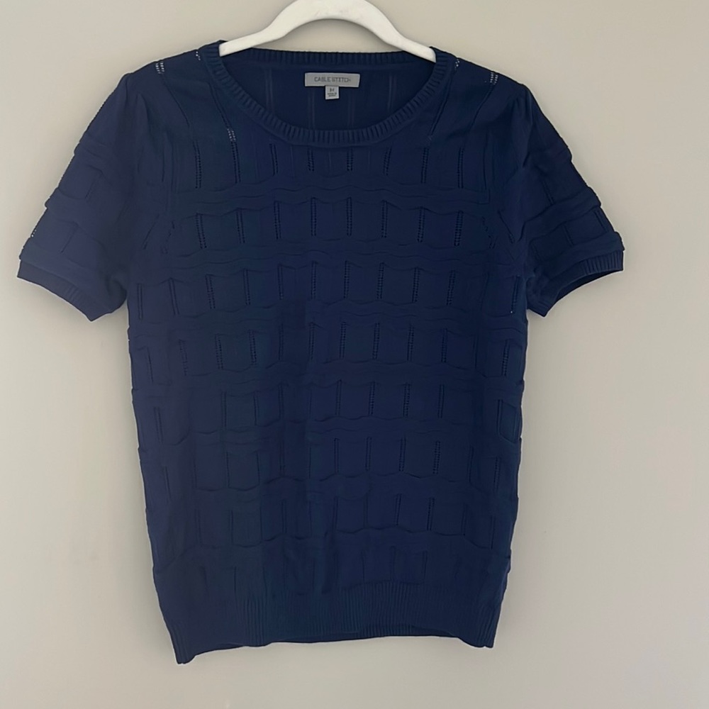 Cable Stitch Navy Cotton Ripple Stitch Short Sleeve Sweater Size M